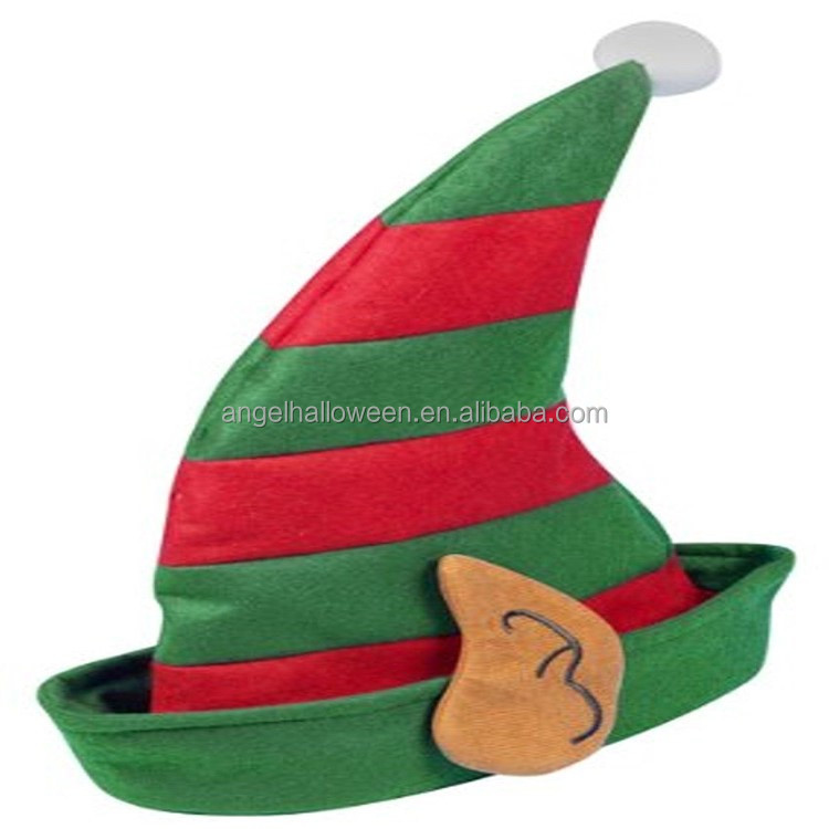 Red and Green Striped Christmas Elf Hat with Ears and Pom Pom