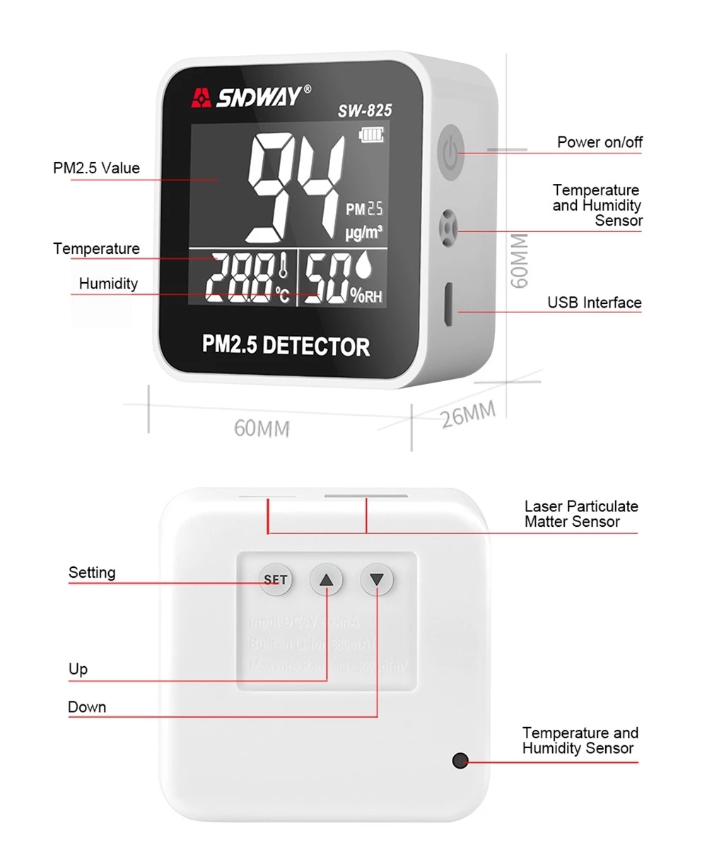SNDWAY SW-825 Máy Kiểm Tra Ô Nhiễm Máy Theo Dõi Chất Lượng Không Khí Trong Nhà/Máy Dò Không Khí Pm 2.5
