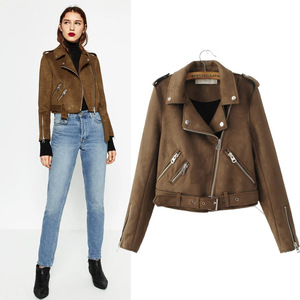 2019 Winter brown/green/prink colors motorcycle suede bomber pu leather jackets womens