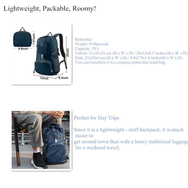 Wellpromotion 35L Sac à dos léger et compact Sac à bandoulière pliable pratique Sac à dos