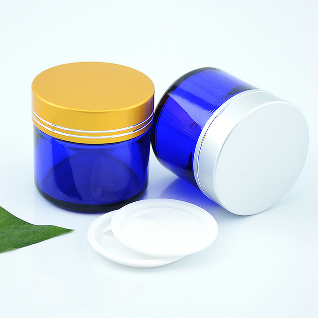 50ml 100ml l 200ml Blue Glass Cream Jars with Aluminum Lid Glass Cosmetic Jar