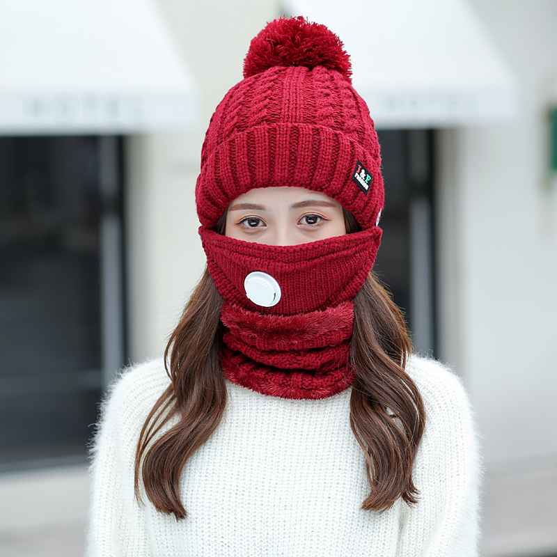 3件头骨抓绒帽女式针织钩针帽子围巾套装脖子极暖女士保暖冬季针织