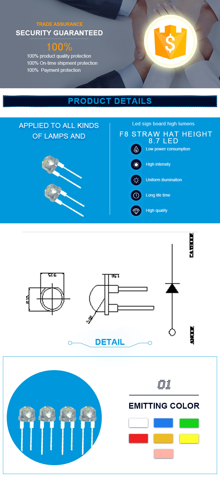 8mm straw hat led diode with blue light