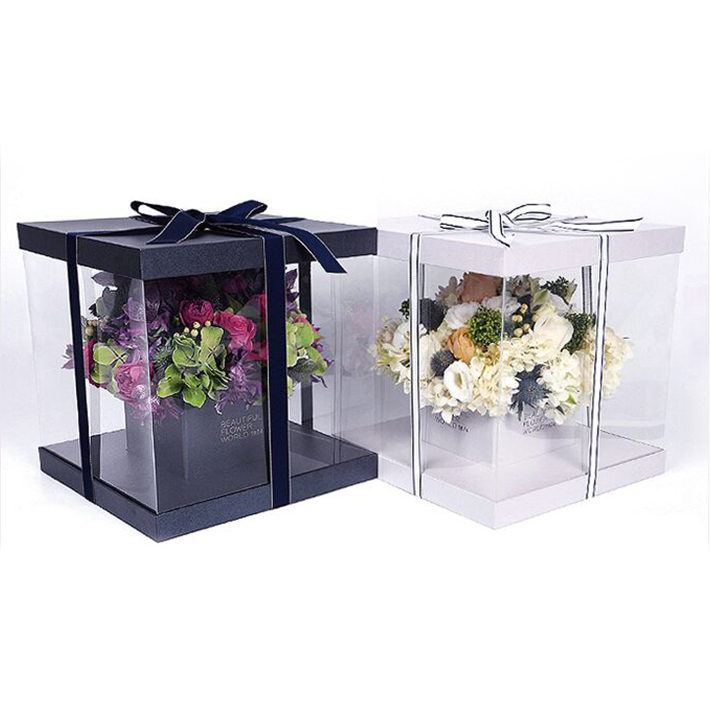 Горячая Распродажа, прозрачный пластиковый консервированный букет, квадратная доставка, подарочная упаковочная коробка для цветов с ленточной ручкой