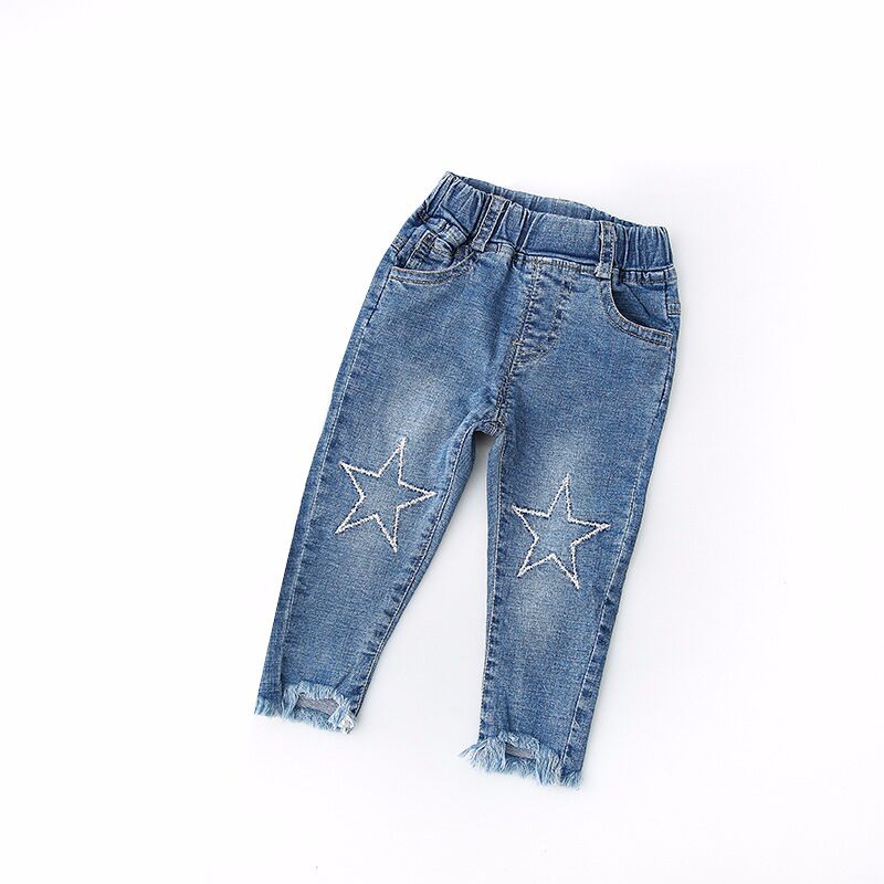 Детские модные товары, новый стиль, модные укороченные брюки с вышивкой и кисточками, Детские облегающие джинсы для девочек