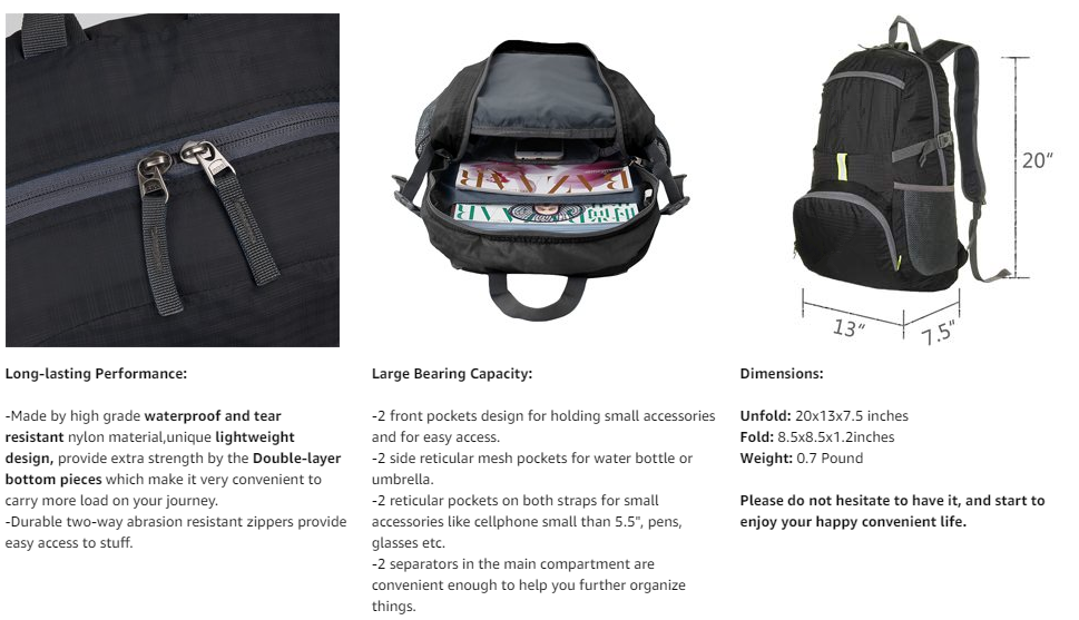 Sac &agrave; dos pliable ultra l&eacute;ger, petit sac &agrave; dos de voyage pliable r&eacute;sistant &agrave; l'eau de 25 L