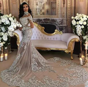 Luxury Long Sleeve High Neck Arabic Dubai Sexy Mermaid Wedding Dresses Bridal Gown 2019