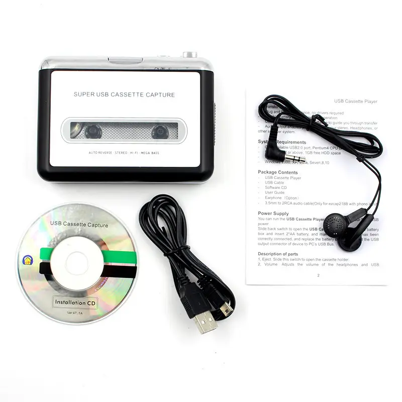 Portable Audio Cassette Converter USB Cassette Tape to MP3 Cassette Capture Recorder with CD Headphones