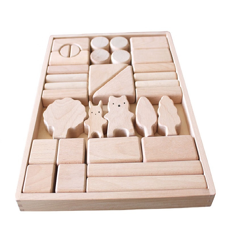 wooden Animal Building Block toys natural eco friendly wood building block set for children kids educational construction safe