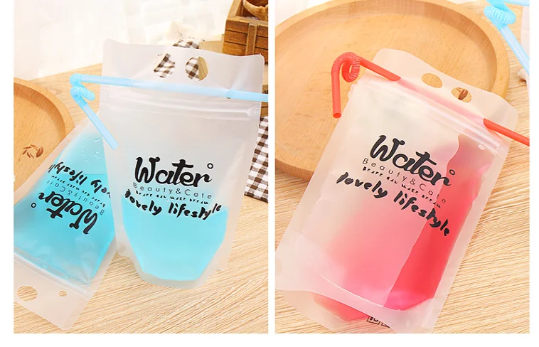 YTBagmart 100Pcs Customized Plastic Ziplock Juice Water Pouch Packaging Stand Up Bags Reusable Drink Pouches Bags With Straw