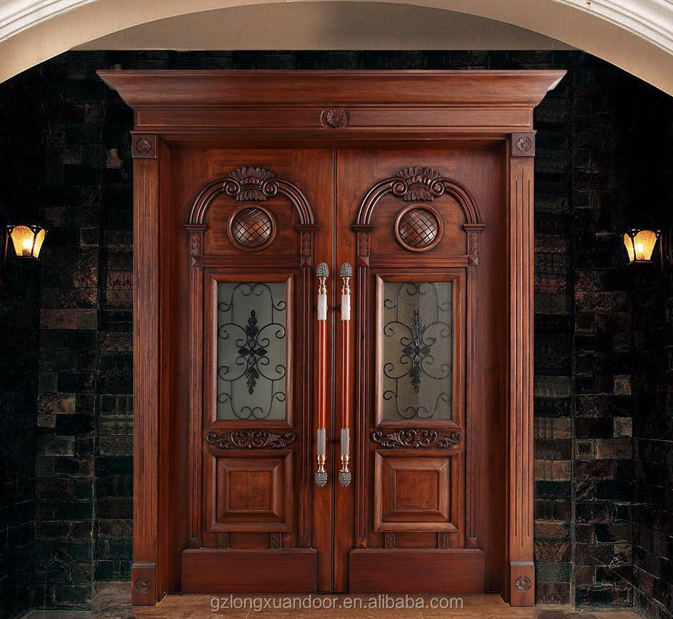 高級アンティーク彫刻無垢材の玄関ドア中国工場合板二重ドア現代