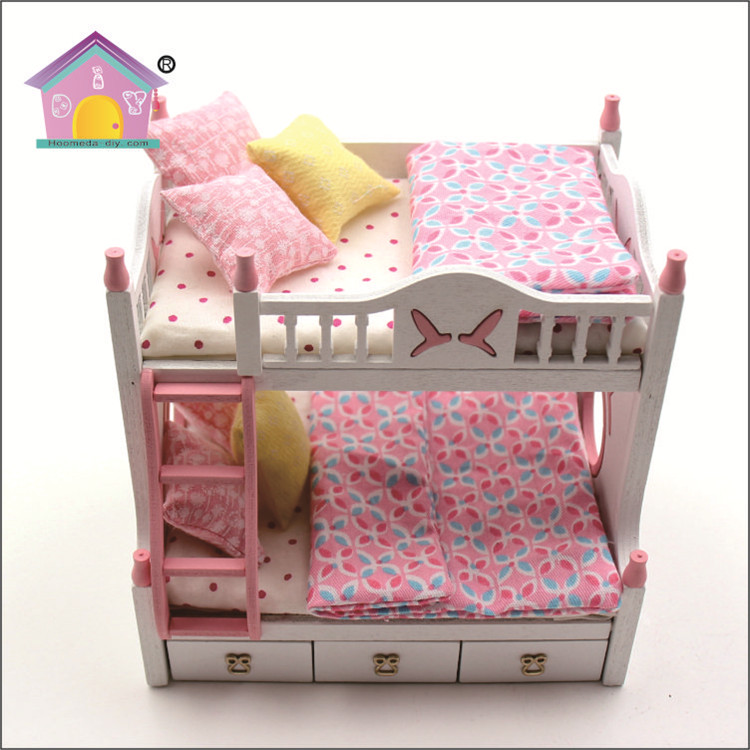 Latest miniature houses china miniature bunk bed dolls diy wood pink