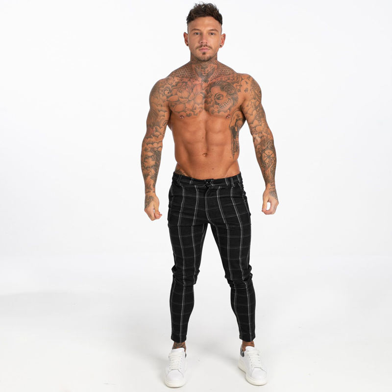 Gingtto Casual Check Trousers Black Skinny Men Fashion Tartan