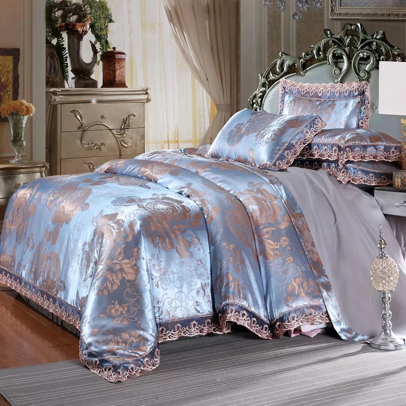 Delicate Floral Pattern Bedding Sets, 4 Pcs Sateen European Luxury Jacquard Comforter Sets, Duvet Cover Flat Sheet and pillows