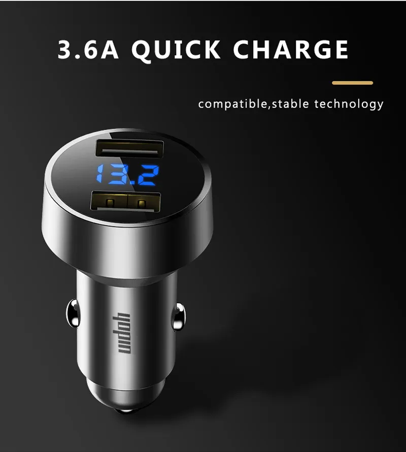 Universal DC Dual QC 3.0 Zinc Alloy USB Car Charger Quick Charger With LED Voltmeter For 12v Fast Charging Car Adapter