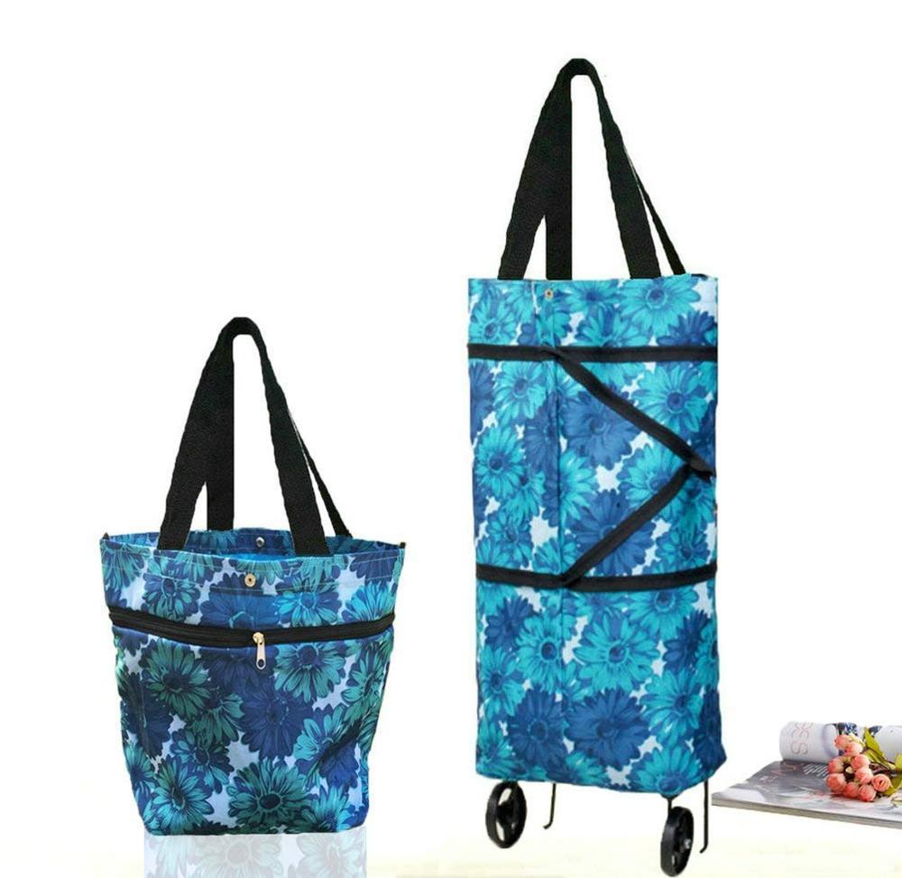 Вместительная Синяя Сумка-переноска с цветочным принтом, складная сумка для покупок, рыночная тележка с двумя колесами