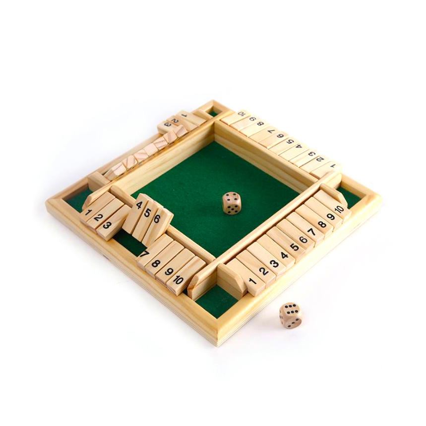 Wooden Board Game Four Sided shut the box Turn Over Drinking Game Set with 2 dices