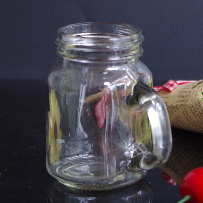 Haonai mini glass mason jar/lead free glass mason jar/small glass container with handle.