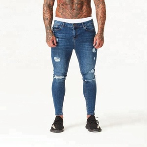 Royal wolf spray on denim garment factory vintage blue fashion mens super skinny ripped jeans