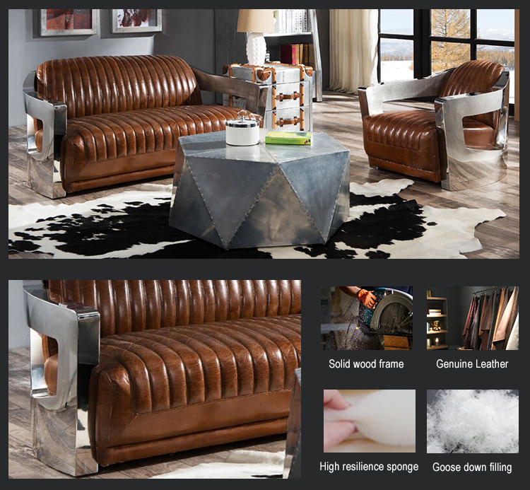 customized coffee shop sofa stainless steel top grain leather modern classic furniture sofa chair love seat