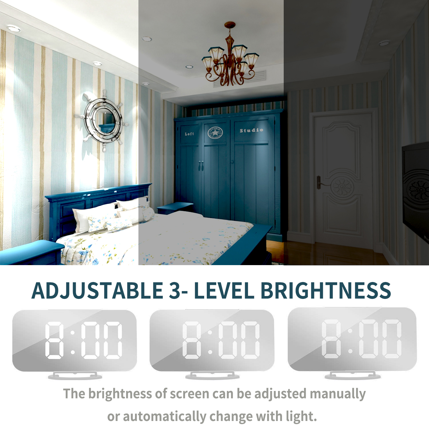 Auto Time Set Alarm Clock With Dual USB Port For Phone Charger , Snooze,Dimmer - Digital LED Clock With Battery Backup