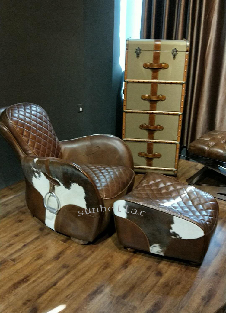 retro American vintage genuine leather horse saddle chair home chaise lounge chair luxury leather recliner chair with footrest