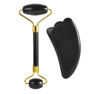 Wholesale Anti-aging skincare tools black obsidian jade roller gua sha set