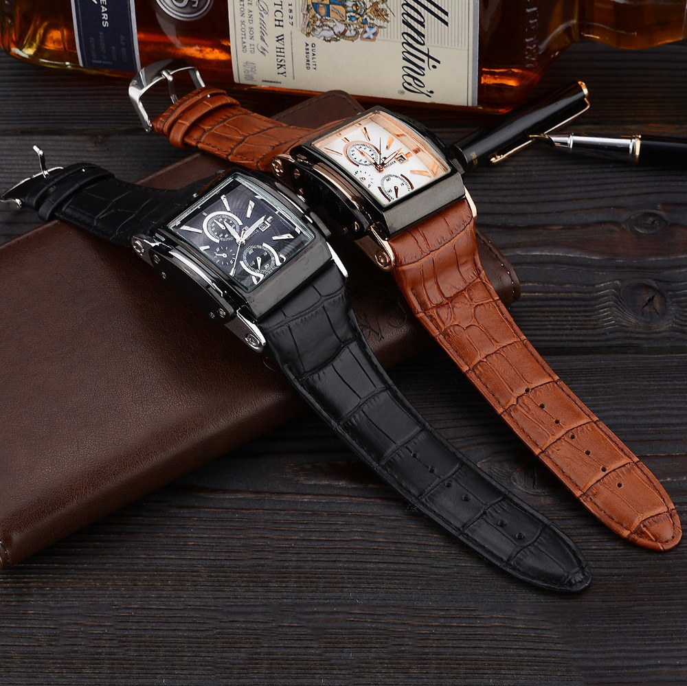 Men Brown Genuine Leather Watch Multifunctional Rectangular Watch