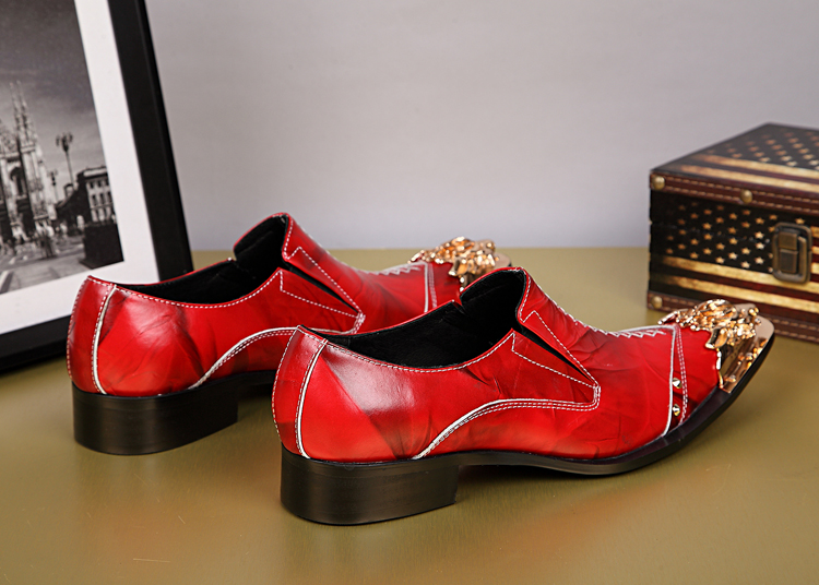 NA046 Korean Style Men's Dress Shoes - Red Leather Oxfords