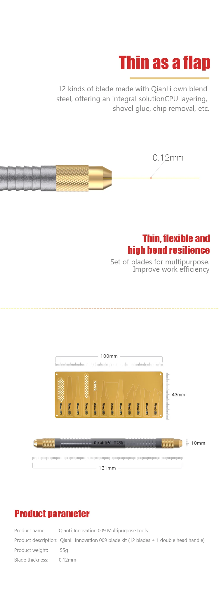 QianLi 009 Original multifunctional knife for iPhone repair CPU IC Chip Glue Remove Thin blade Motherboard Repair Tool set