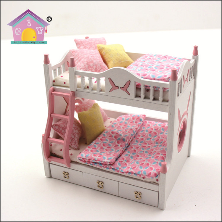 Latest miniature houses china miniature bunk bed dolls diy wood pink