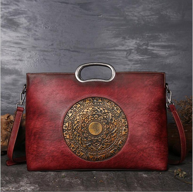 Retro Cow Leather Handbags - Chinese Style Tote Bags