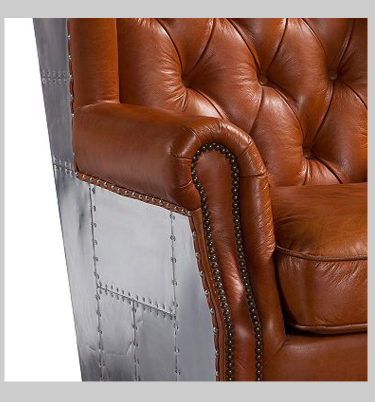 luxury American village vintage genuine leather wing back chair tufted buttons chesterfield rolled arm high back sofa chair