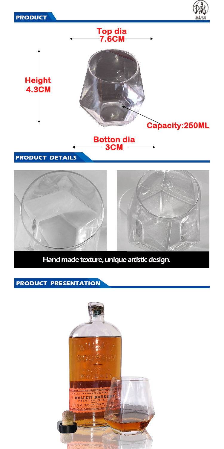 Old fashioned hex clear glass cup for whisky drinking with a heatresistant