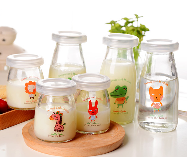 250ml clear glass milk bottle,glass pudding jar with printing and PP lid.