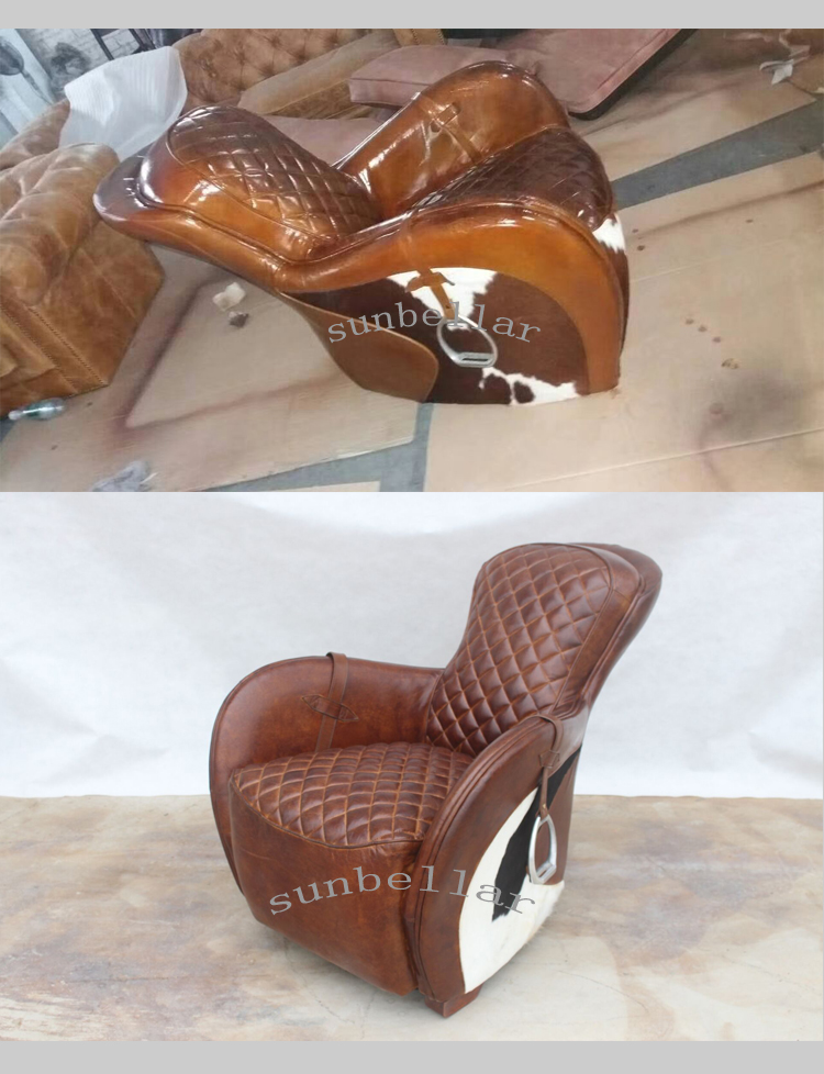retro American vintage genuine leather horse saddle chair home chaise lounge chair luxury leather recliner chair with footrest