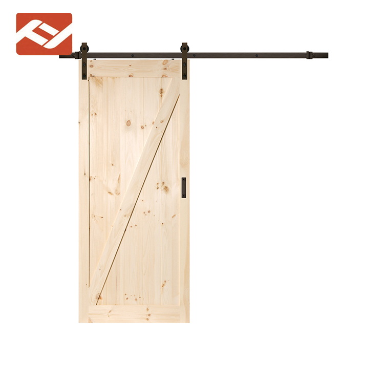 Rustic pine stile & rail stained wood interior barn door with flat panels