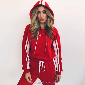OEM designs women fitness & yoga wear with striped short section lace hooded casual sweater sports suit