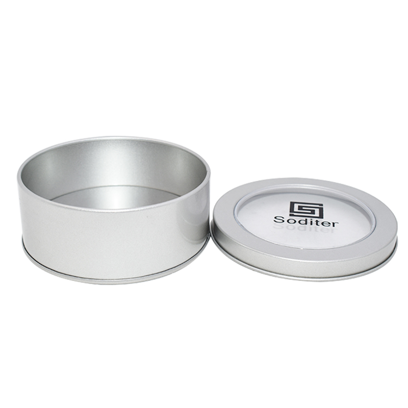 Круглый жестяной ящик с принтом вашего логотипа и окошком из ПВХ