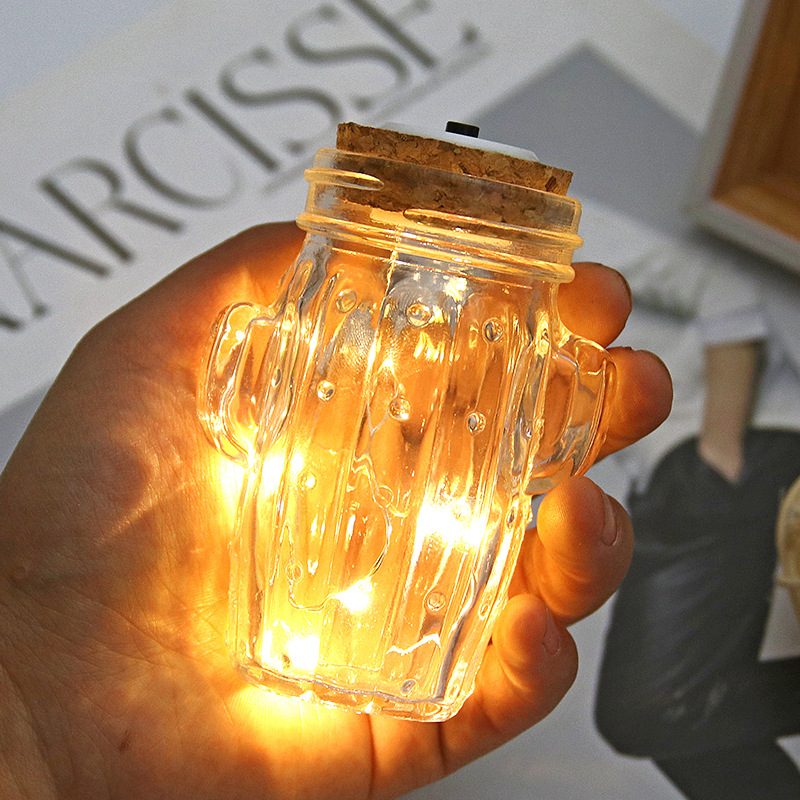 Оптовая продажа LED свет кактус форма декоративная стеклянная бутылка кактус стеклянная банка Мейсон с лампой