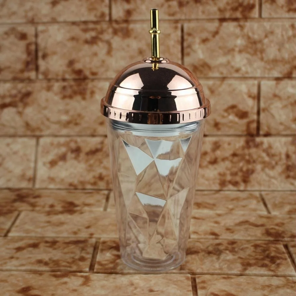 Стакан с соломинкой, золотистые и розовые золотистые двухстенные питьевые чашки, кофейные кружки, 16 унций, нестандартная Алмазная чашка с купольной крышкой