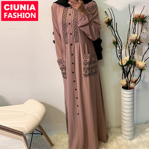 6166# Women Casual Embroidered Buttons With Pockets Long Sleeve Maxi Muslim Dress Islamic Abaya Turkey