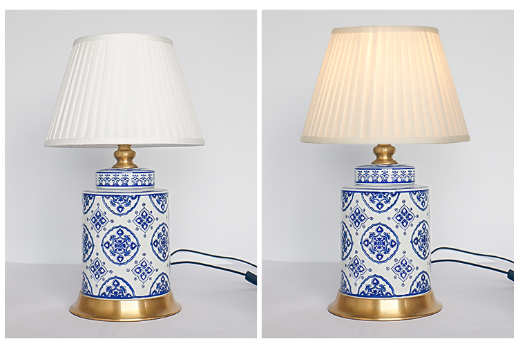 Jingdezhen blue and white full copper ceramic table lamp in living room and hotel for bedside cupboard