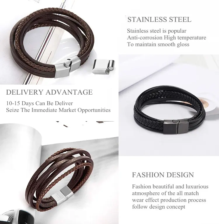 Wholesale Cheap OEM Jewelry Woven Bangle Magnetic Clasp Custom Blank Genuine Braided Stainless Steel Black Men Leather Bracelets