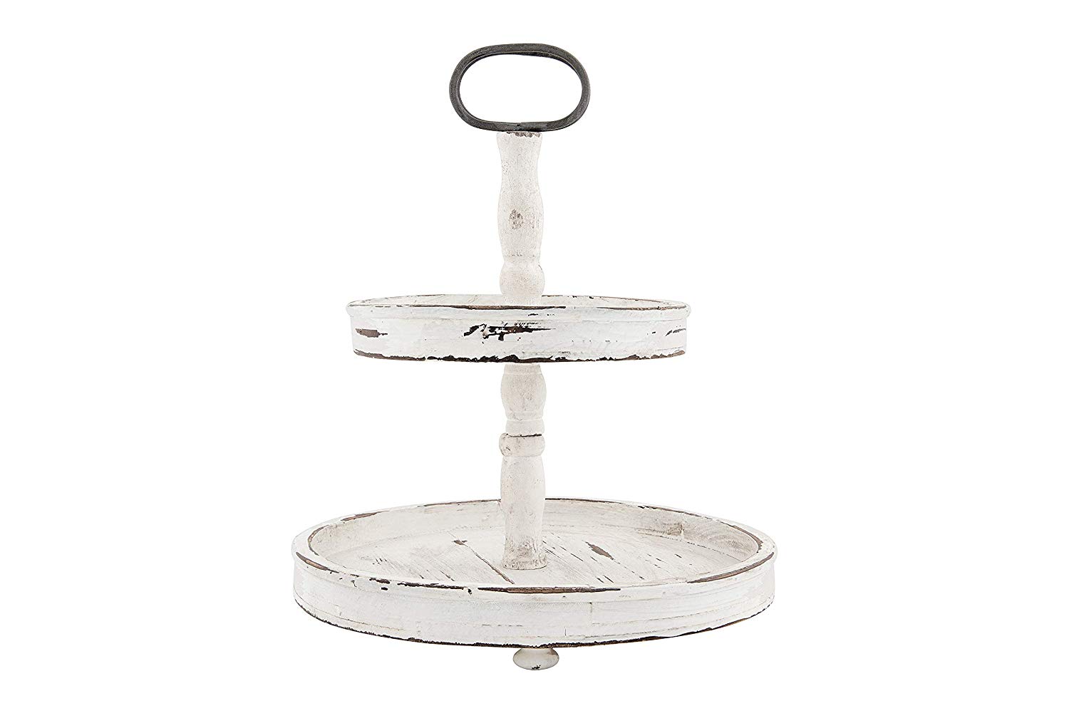 YuGuang New Design Distressed Cream Round Wood Tray with  Metal Handle 2-Tier Round Wooden Tray