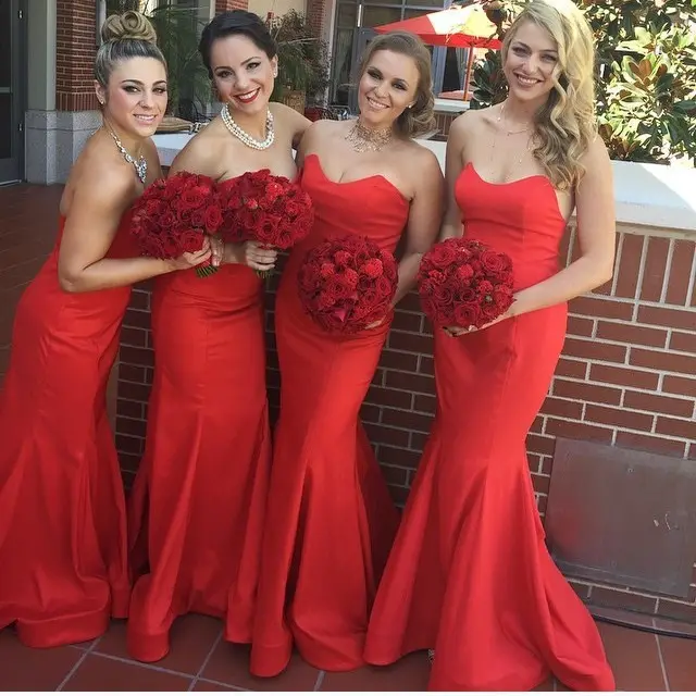 red satin bridesmaid dress
