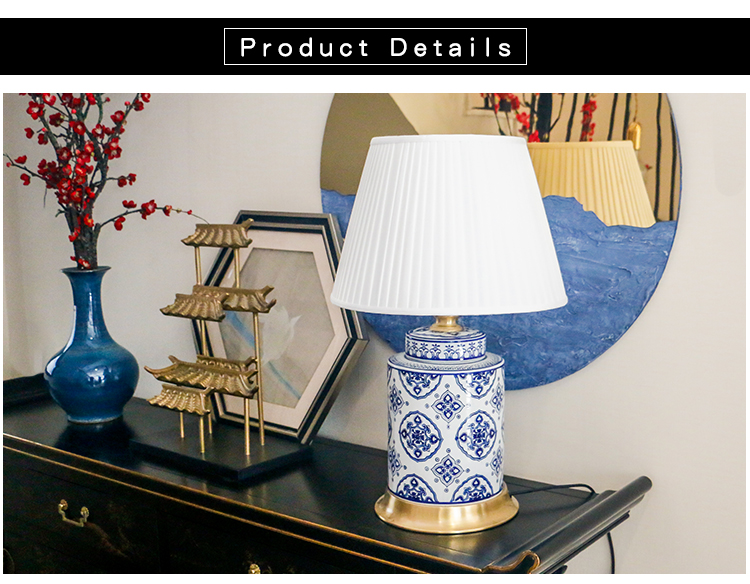 Jingdezhen blue and white full copper ceramic table lamp in living room and hotel for bedside cupboard