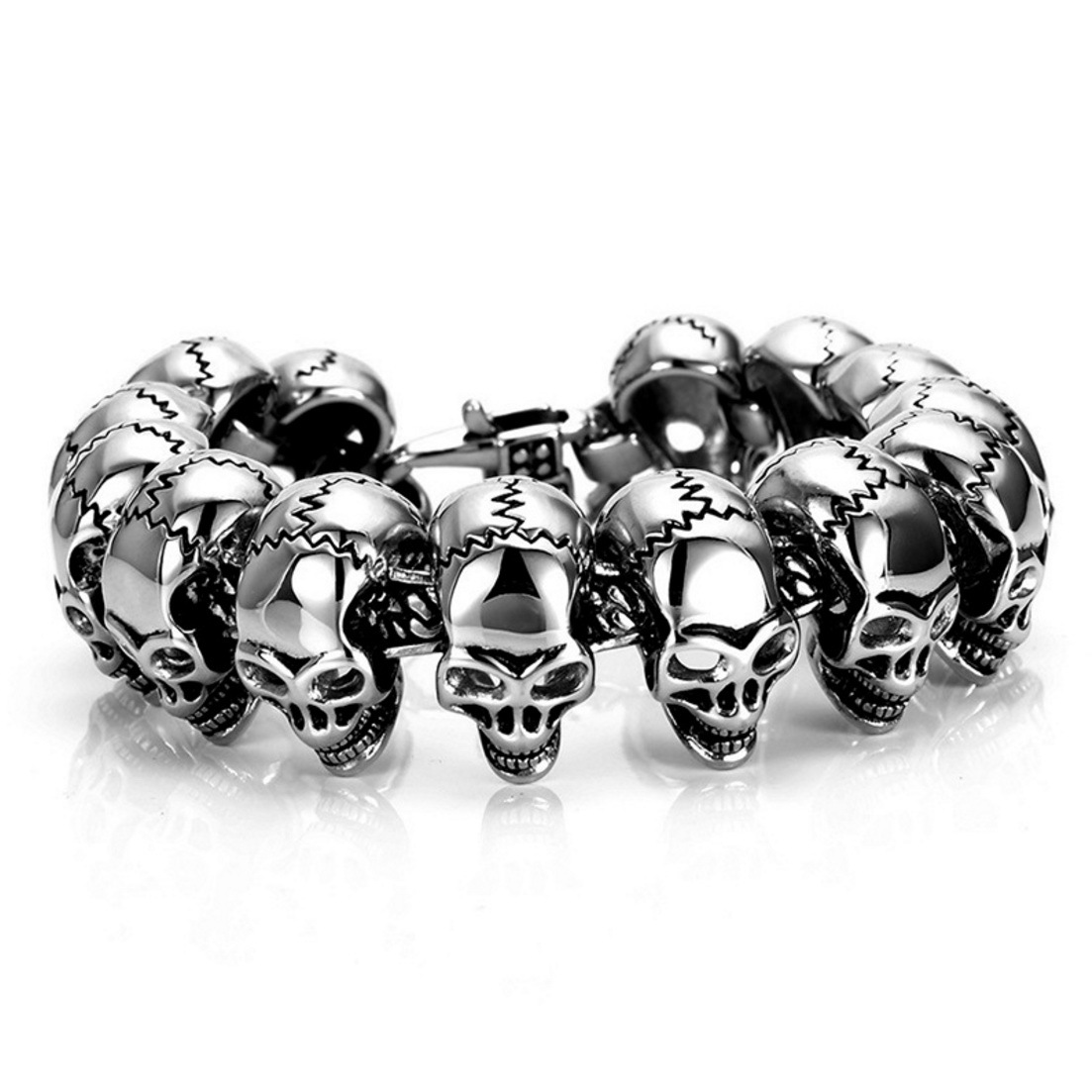 Men's Stainless Steel Skull Link Bracelet With Red Cubic Zirconia - Biker Gothic Style Jewelry