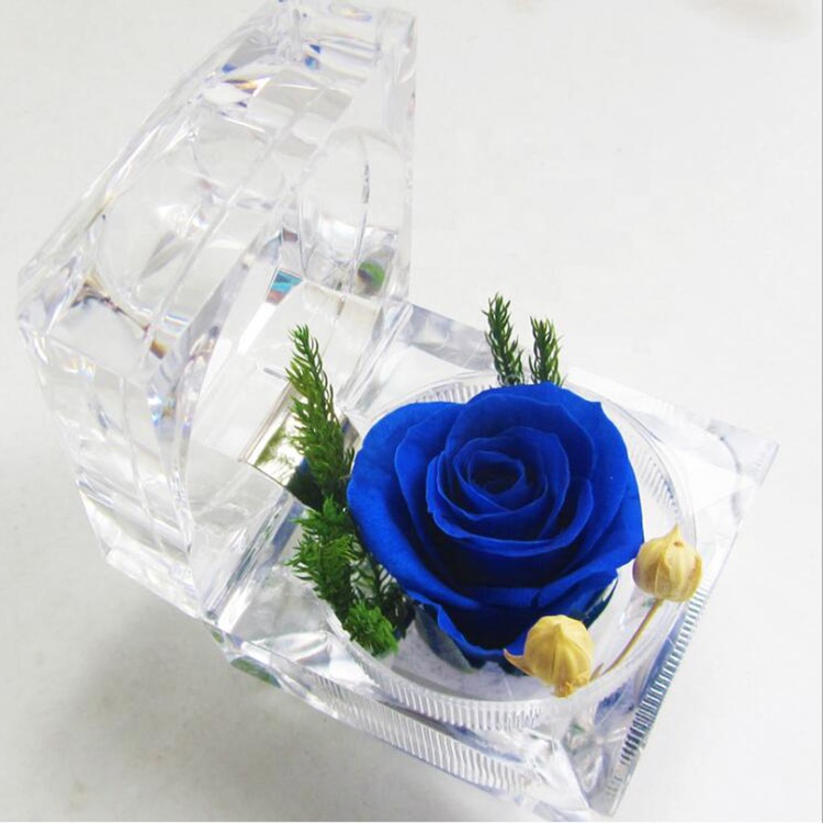 DeFancy Handmade Preserved Rose with Acrylic Crystal Ring Box for Proposal Engagement Sky Blue