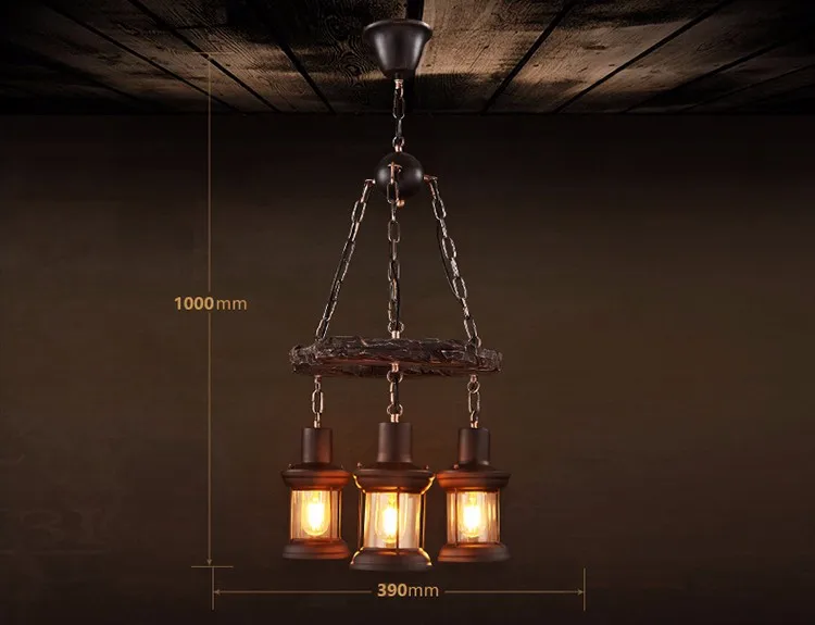 3 heads vintage iron wooden color chandelier led pendant lights modern for hotel